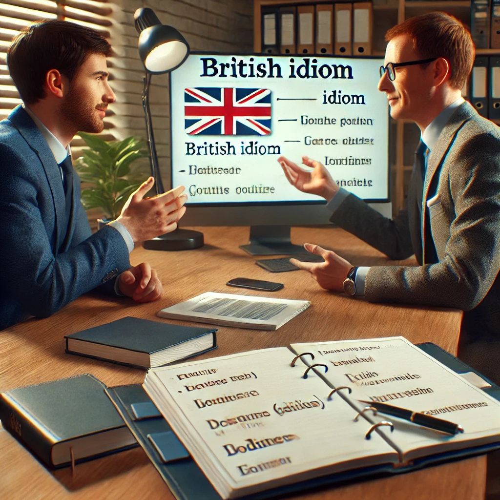 British idioms: two people learning English language idioms in an office. 