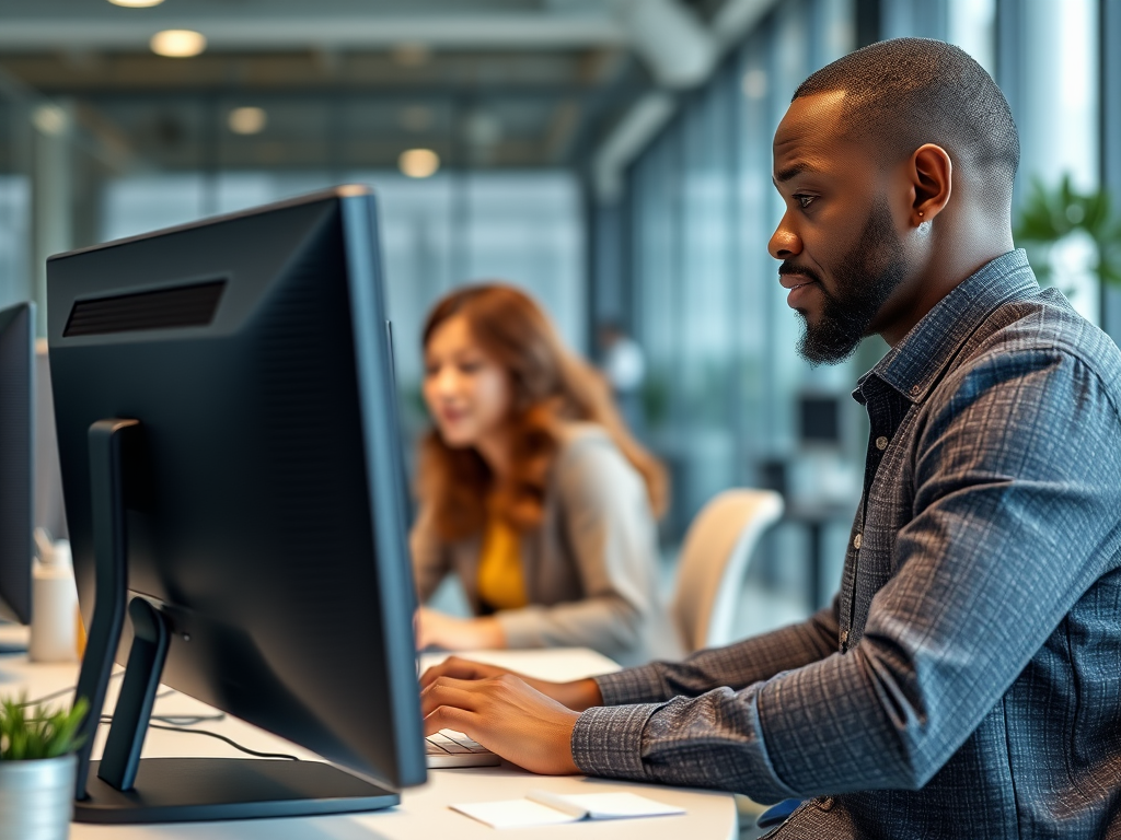 black male employee at their desk having an online meeting. This iamge represents one of the important business english phrases for remote work. 