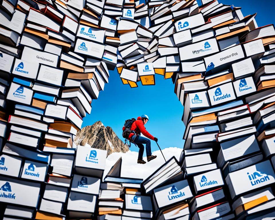 Man standing on books with a mountanous background