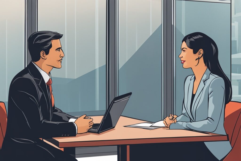 illustrated image of a man and woman having a work meeting and using business english.