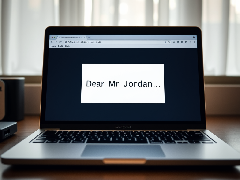 Image of laptop with the words "Dear Mr Jordan" written as part of an email. Image represents one of the English Phrases for Work focus of this page