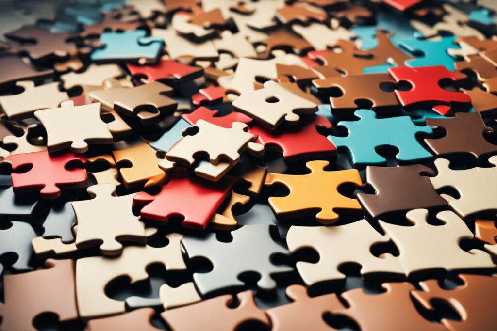 A group of interconnected puzzle pieces representing different online learners helping each other improve their skills for Learning English Online.
